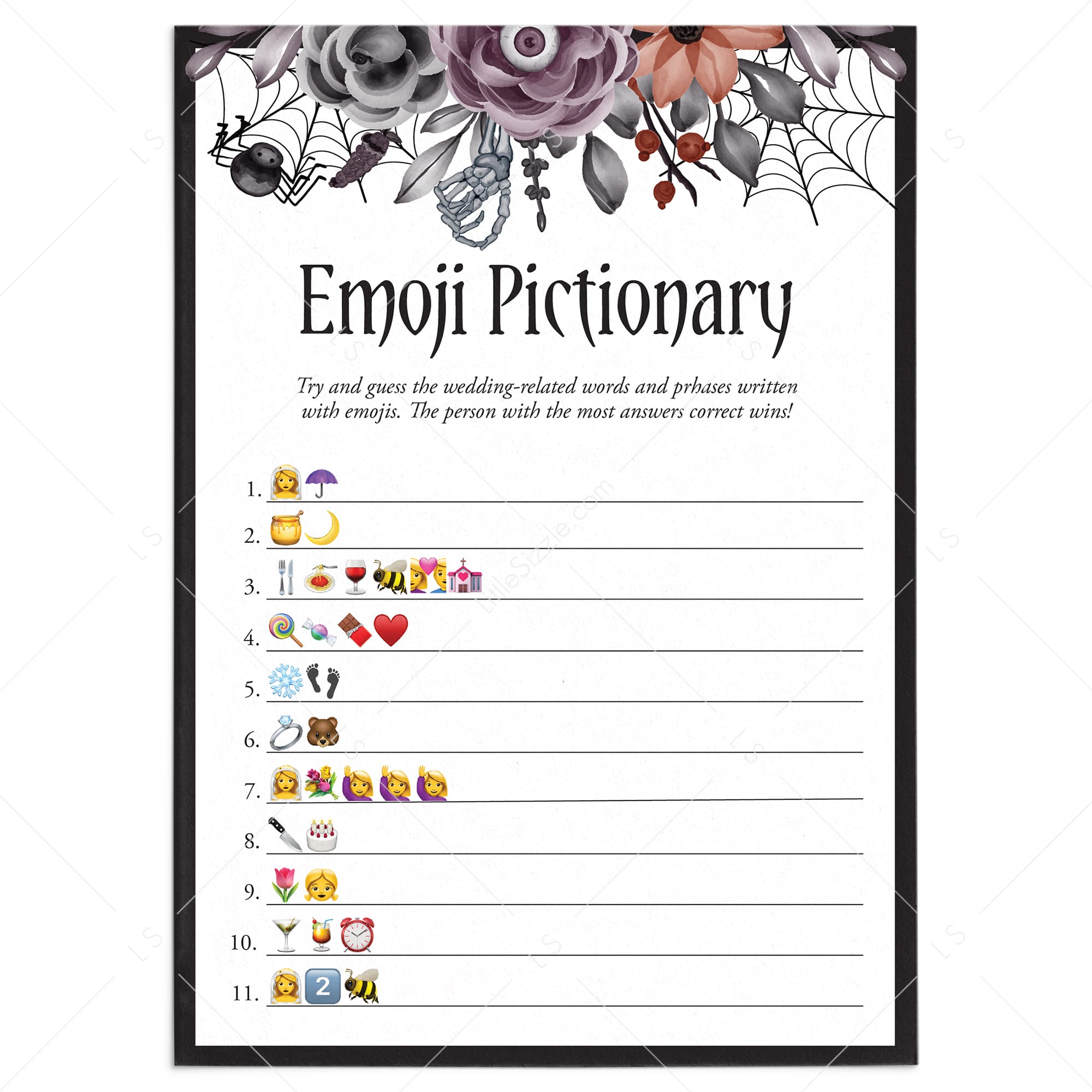 Gothic Bridal Shower Game Emoji Pictionary with Answers Printable by LittleSizzle
