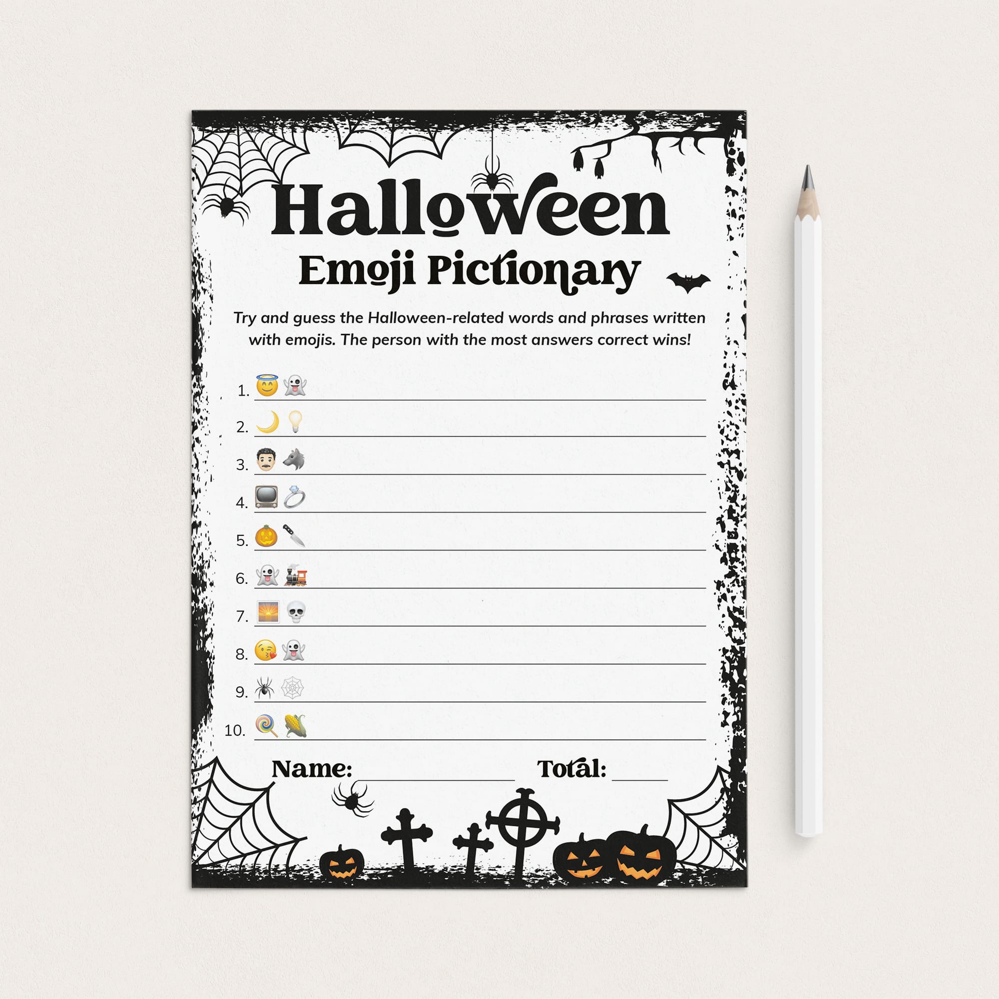 A Halloween-themed emoji pictionary worksheet with black spiderwebs, bats, pumpkins, and tombstones on a white page, shown next to a white pencil on a light beige background.