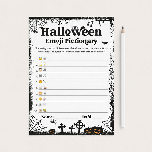 A Halloween-themed emoji pictionary worksheet with black spiderwebs, bats, pumpkins, and tombstones on a white page, shown next to a white pencil on a light beige background.