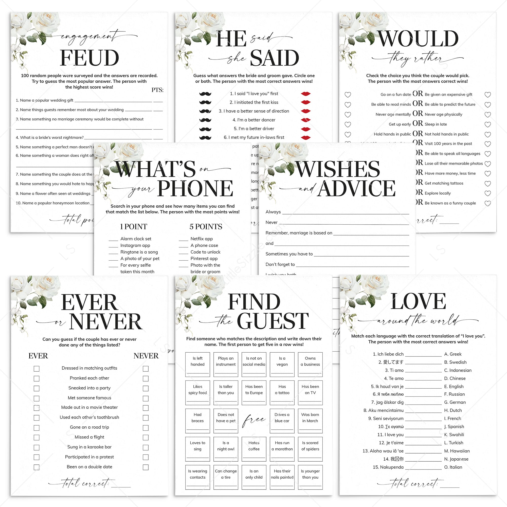 Engagement Party Games for Couples Printable White Floral by LittleSizzle