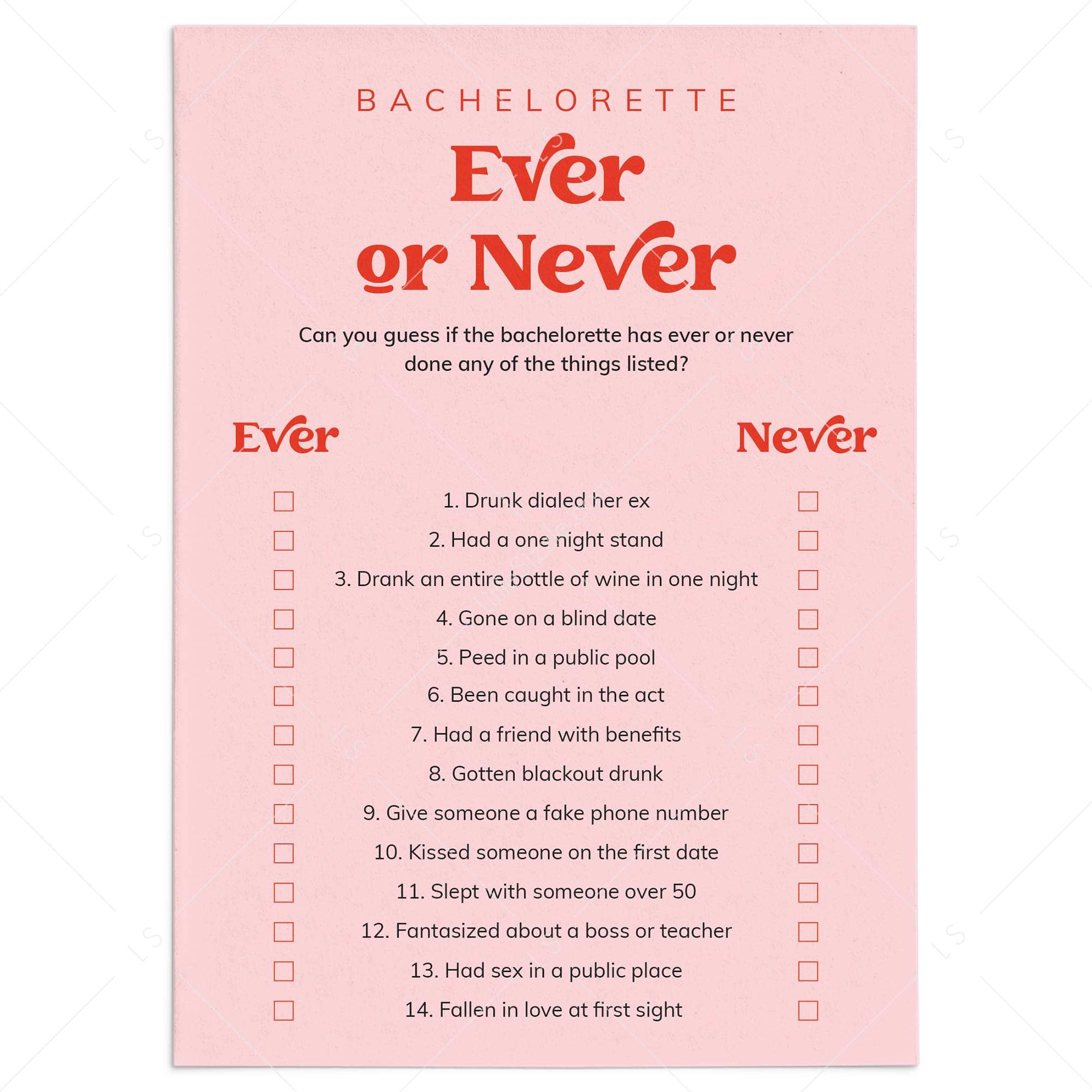 Funny Bachelorette Ever or Never Questions Game Printable by LittleSizzle