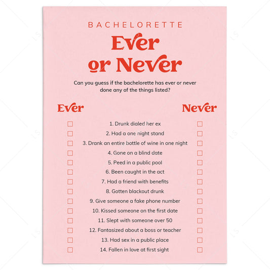 Funny Bachelorette Ever or Never Questions Game Printable by LittleSizzle