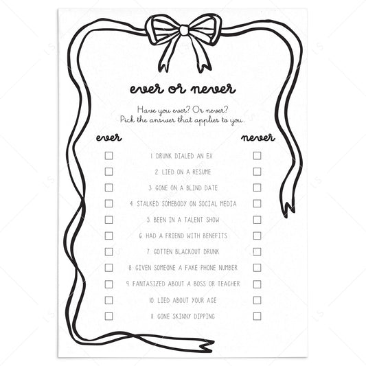 Adult Party Game Ever or Never Coquette Theme by LittleSizzle