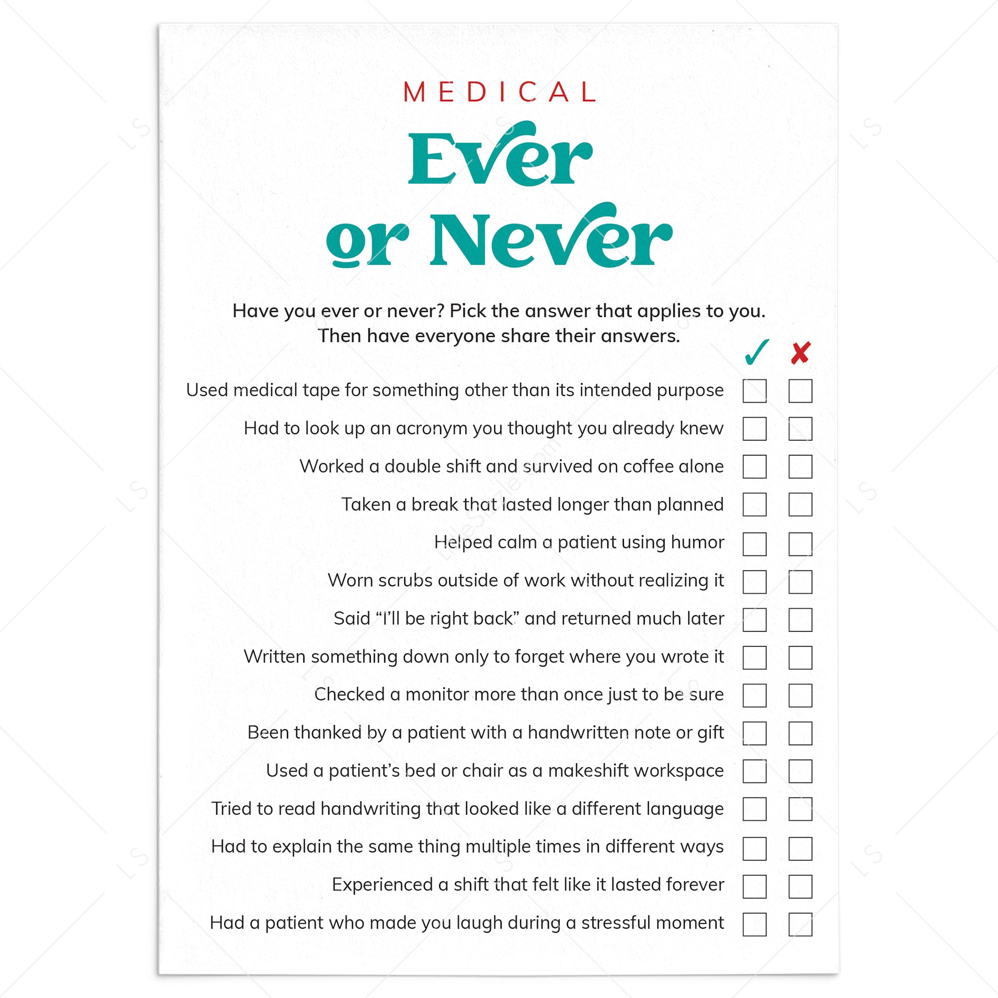 Medical Game Ever or Never Printable by LittleSizzle