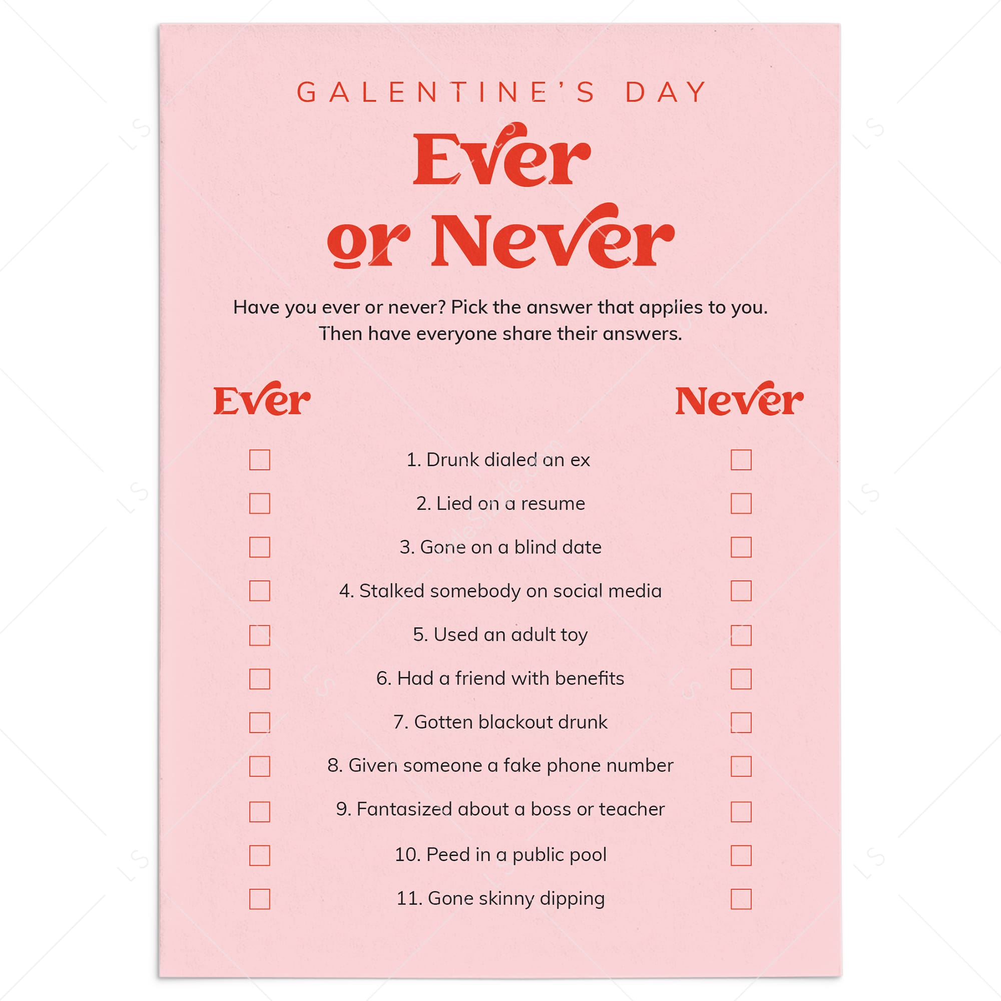 Ever or Never Galentines Game Printable by LittleSizzle