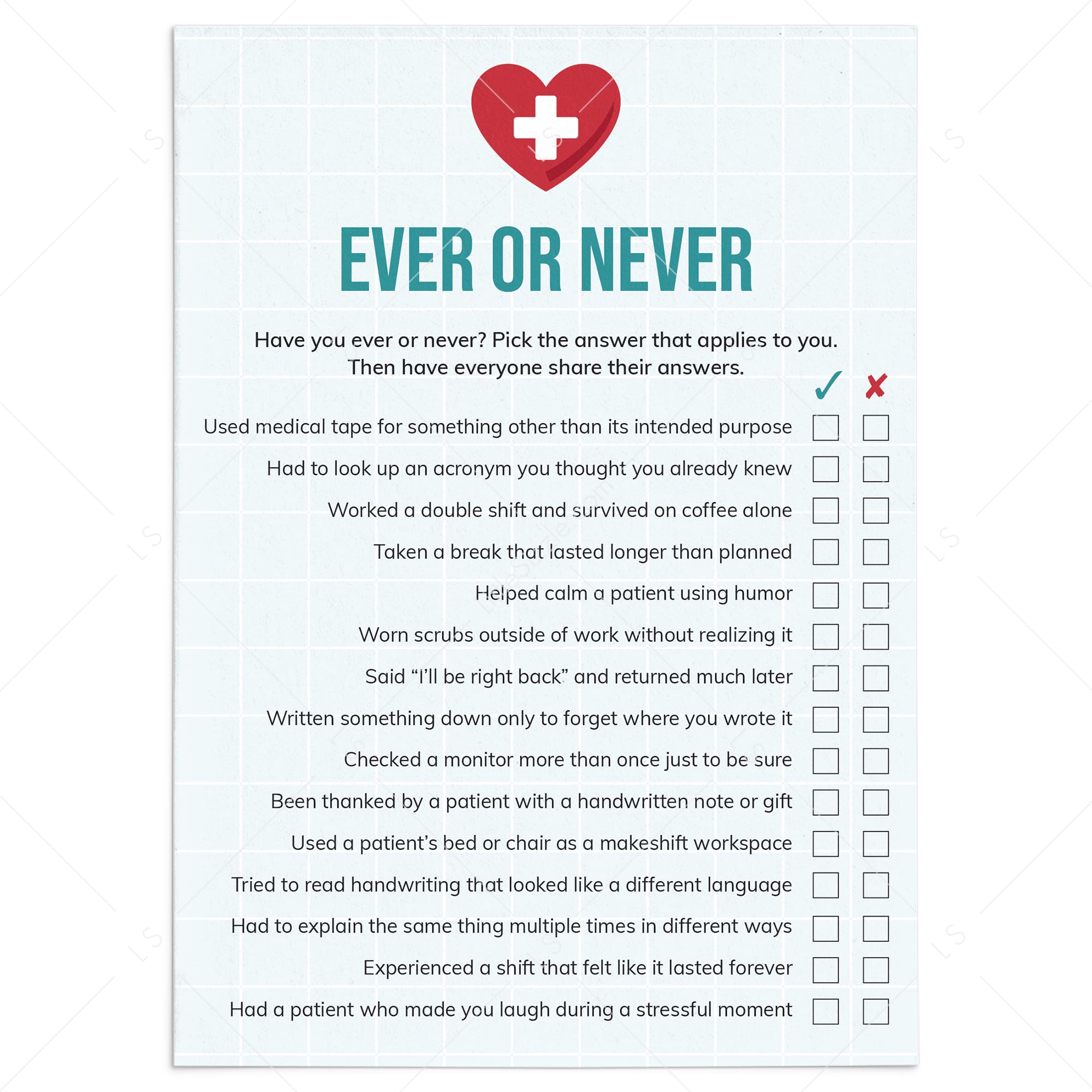 Nurse Party Game Never Have I Ever Printable by LittleSizzle