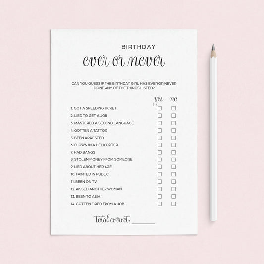 Ever or Never Birthday Game for Her Printable by LittleSizzle