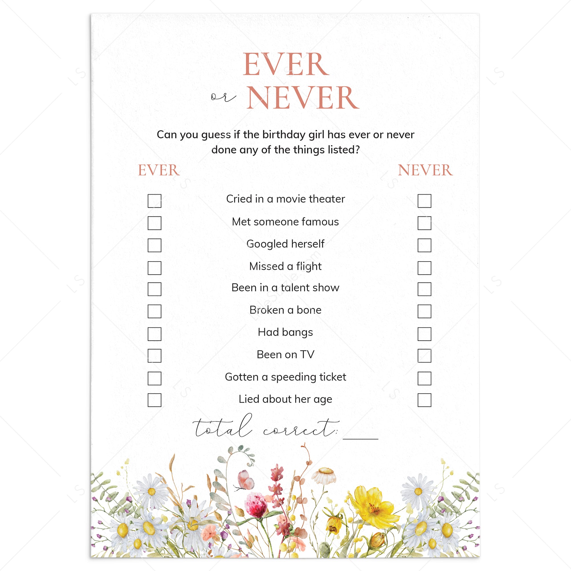 Birthday Ever or Never Game Wildflower Theme by LittleSizzle