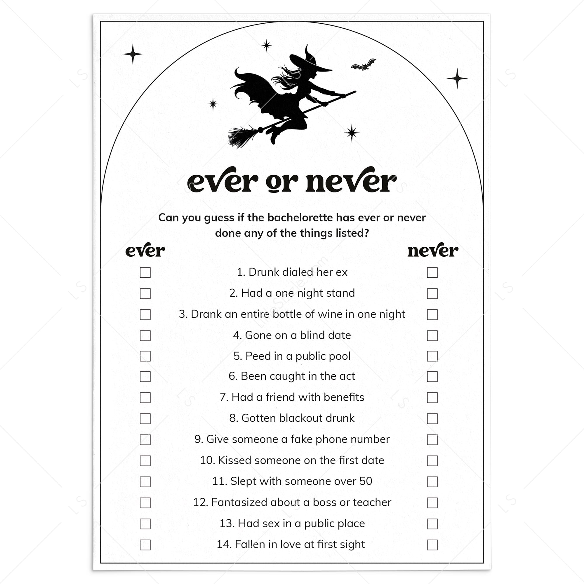 Witches Bachelorette Party Game Ever or Never Printable by LittleSizzle