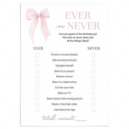 Teen Girl Birthday Party Game Ever or Never Printable by LittleSizzle