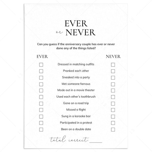Ever or Never Couple Game for Anniversary Party Printable by LittleSizzle