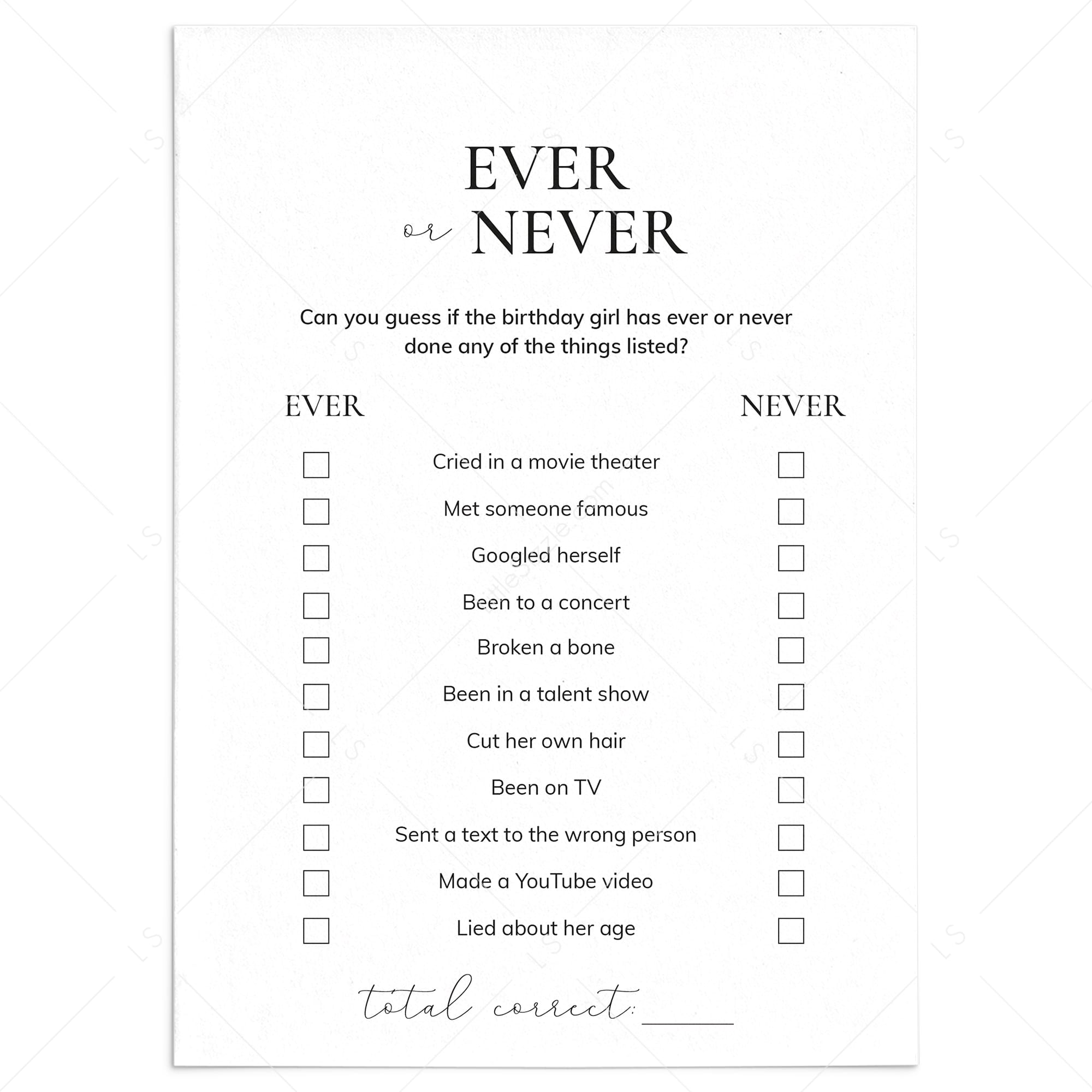 Printable Ever or Never Birthday Party Game for Teens by LittleSizzle