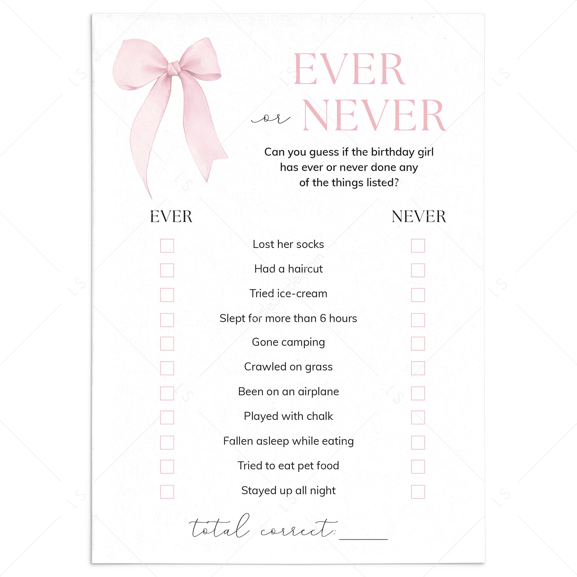 Baby's First Birthday Party Game Ever or Never Printable Pink Bow by LittleSizzle