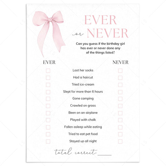 Baby's First Birthday Party Game Ever or Never Printable Pink Bow by LittleSizzle