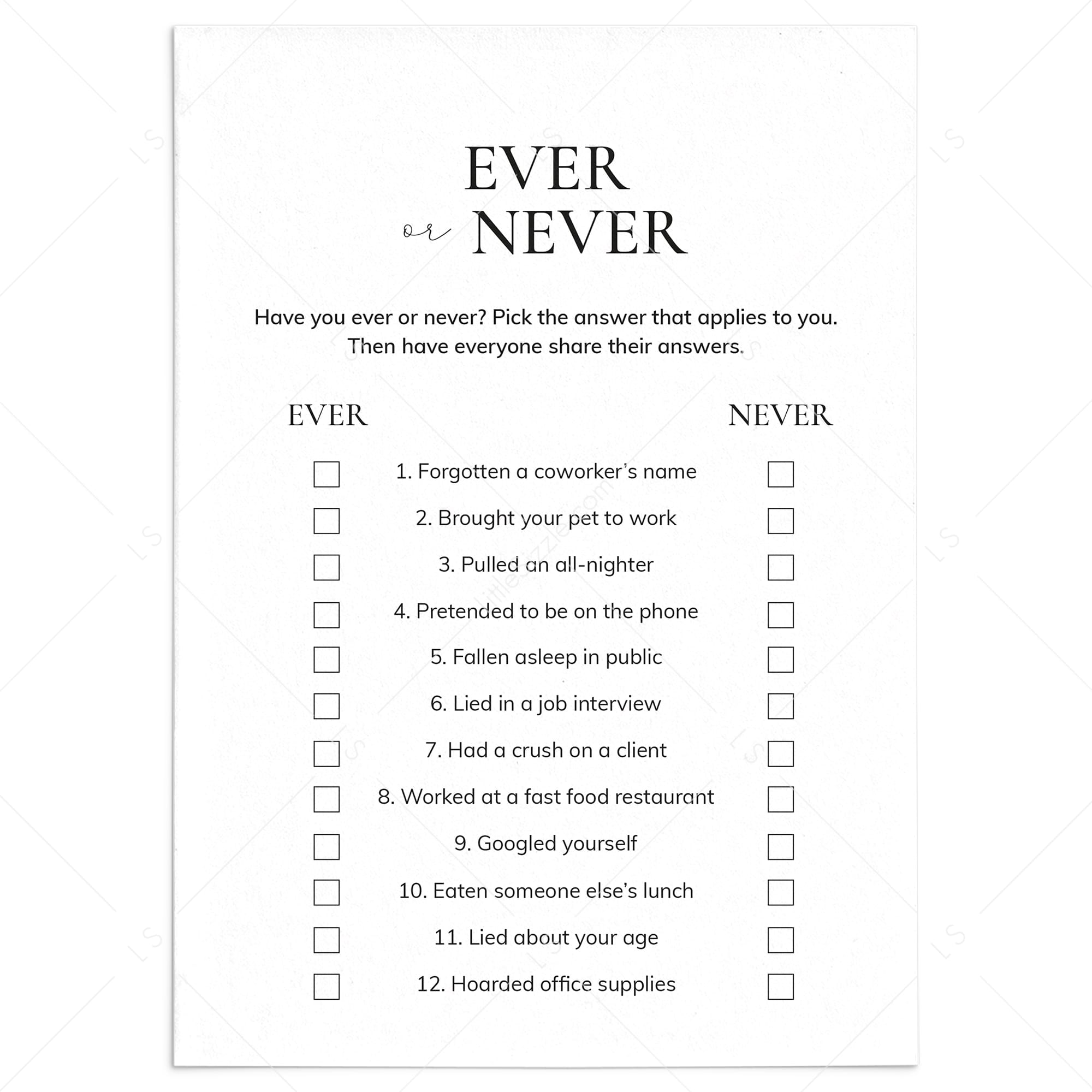 Ever or Never Office Edition | Printable Office Party Game Cards by LittleSizzle