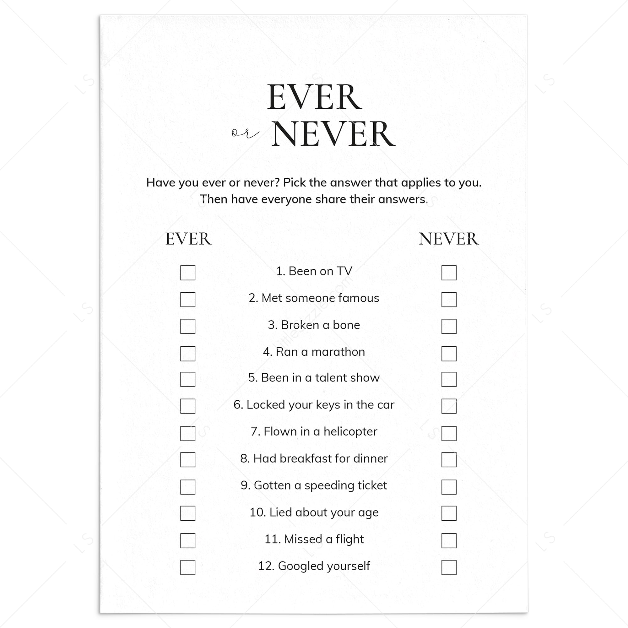 Never Have I Ever Icebreaker Game Printable by LittleSizzle