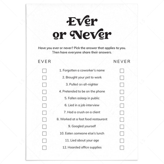 Printable Never Have I Ever Office Edition Questions by LittleSizzle