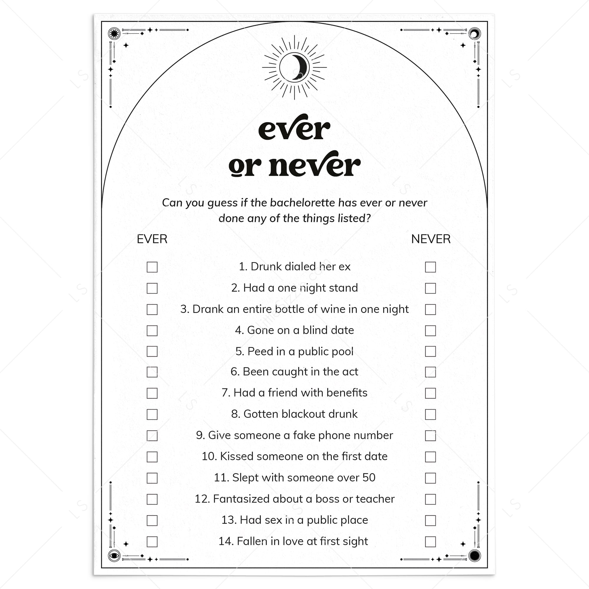Boho Mystic Hens Night Game Ever or Never Printable by LittleSizzle