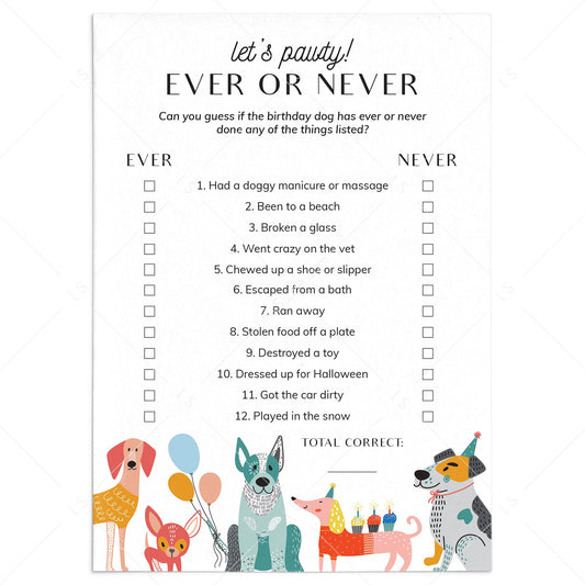 Fun Dog Birthday Party Game Ever or Never Printable by LittleSizzle