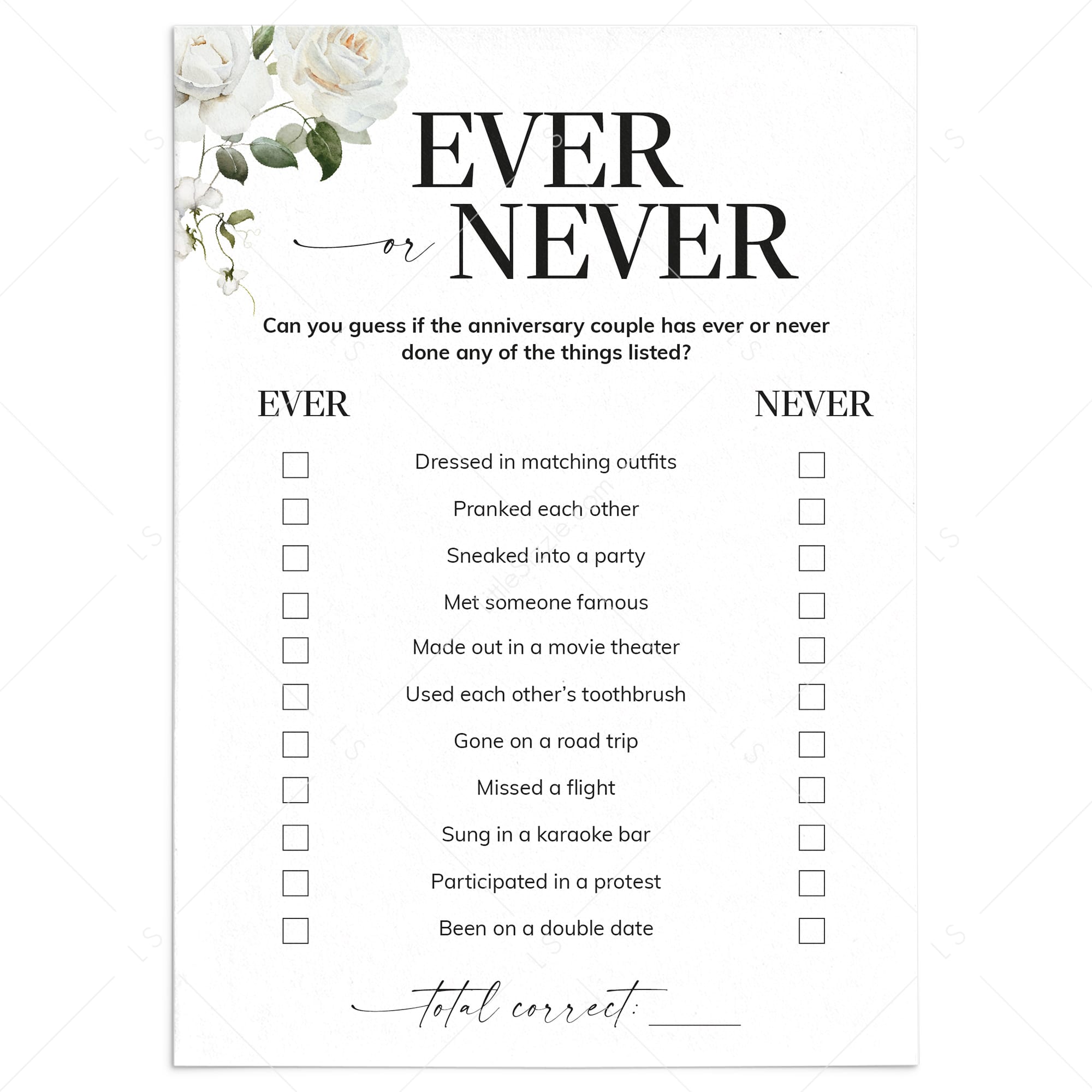 Printable Ever or Never Game for Anniversary Party by LittleSizzle
