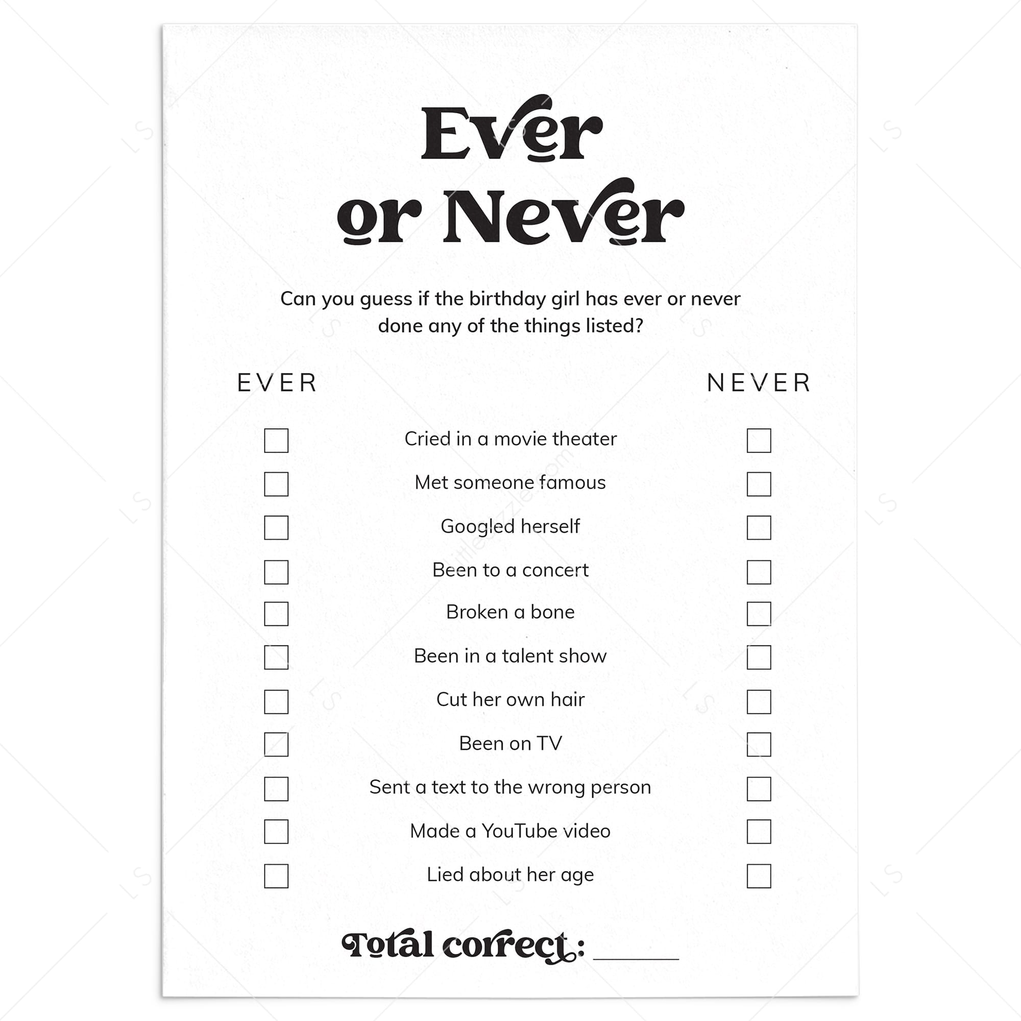 Printable Ever or Never Birthday Party Game for Birthday Girl by LittleSizzle
