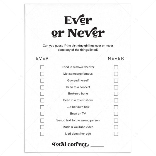 Printable Ever or Never Birthday Party Game for Birthday Girl by LittleSizzle
