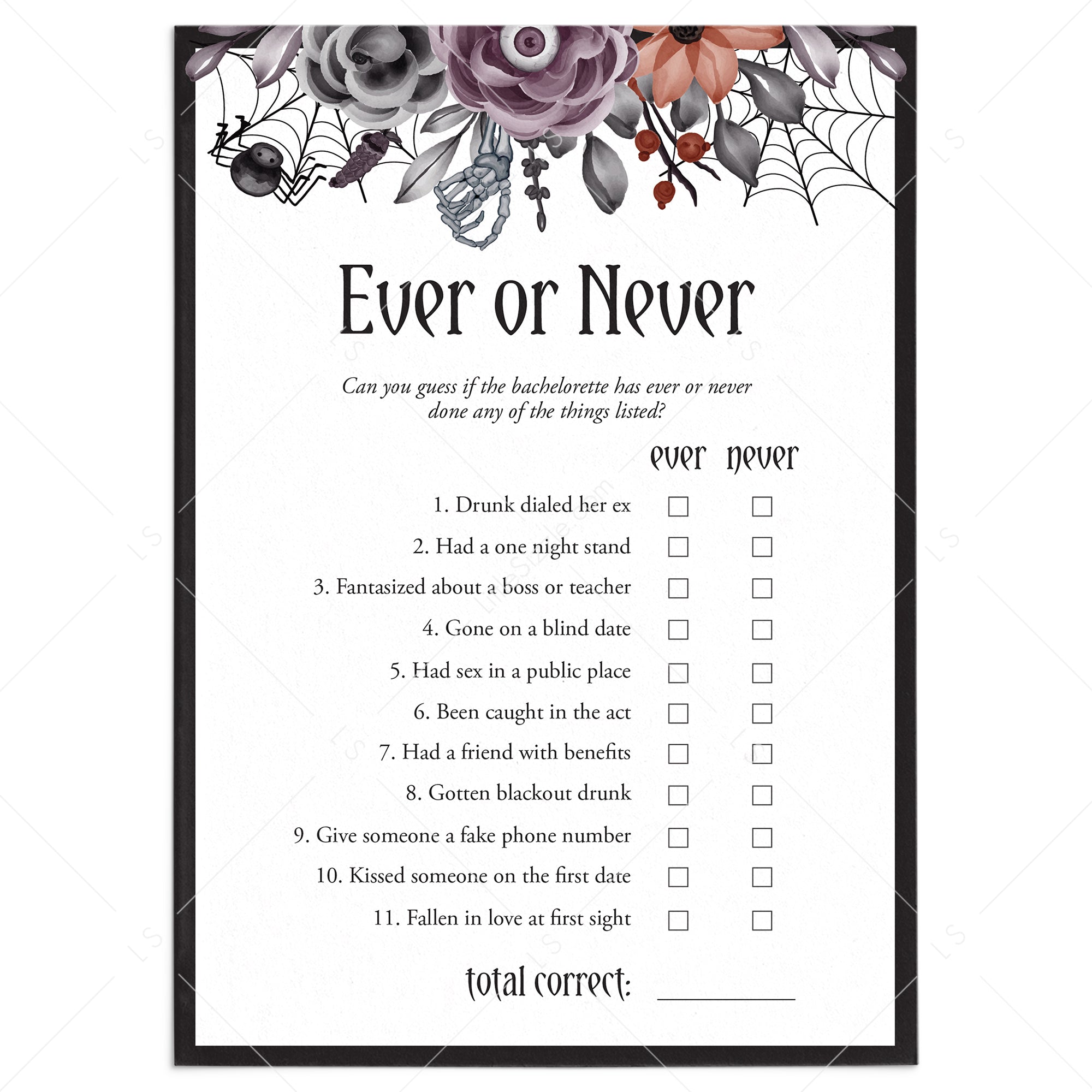 Halloween Bachelorette Party Game Ever or Never Printable by LittleSizzle