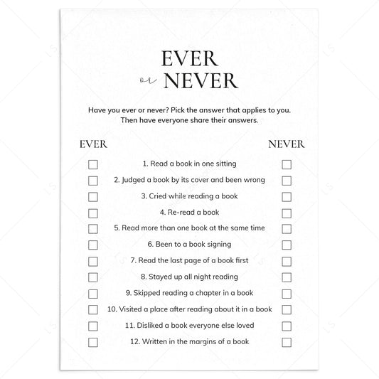Book Club Party Game Ever or Never Printable by LittleSizzle