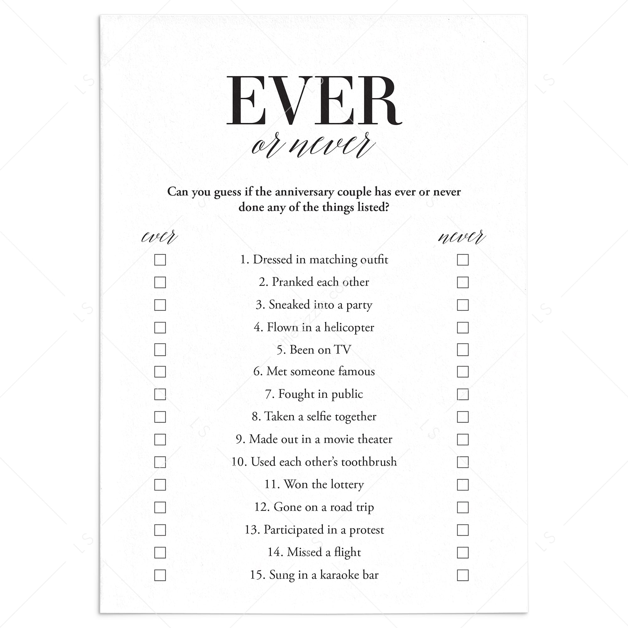 Wedding Anniversary Party Game Ever or Never Printable by LittleSizzle