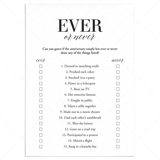 Wedding Anniversary Party Game Ever or Never Printable by LittleSizzle