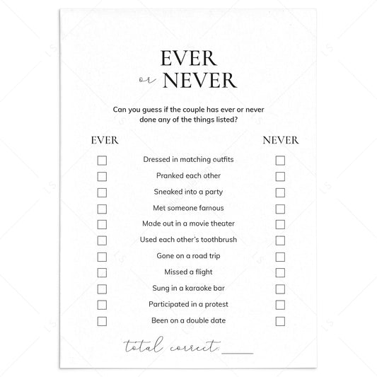Couples Shower Ever or Never Game Printable by LittleSizzle