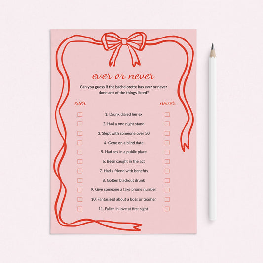 Ever or Never Printable Bachelorette Party Game Pink Wavy Border by LittleSizzle