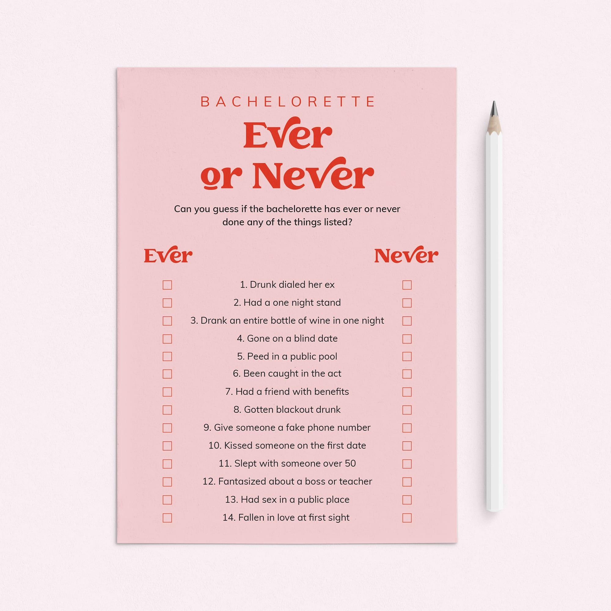 Funny Bachelorette Ever or Never Questions Game Printable by LittleSizzle