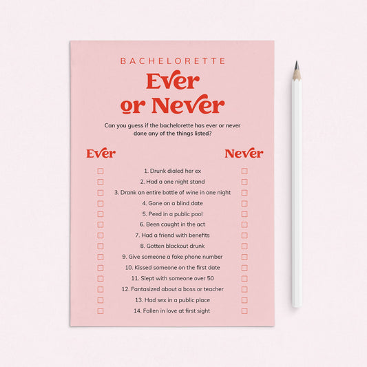 Funny Bachelorette Ever or Never Questions Game Printable by LittleSizzle