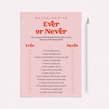Funny Bachelorette Ever or Never Questions Game Printable by LittleSizzle