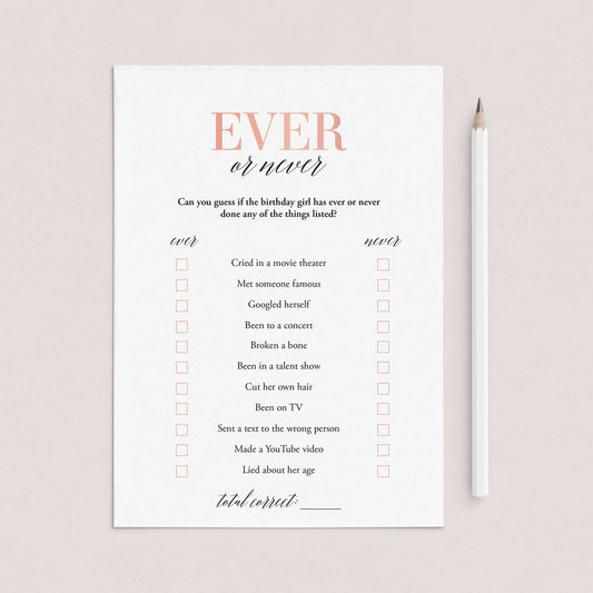 Printable Ever or Never Game for Teen Birthday Party by LittleSizzle