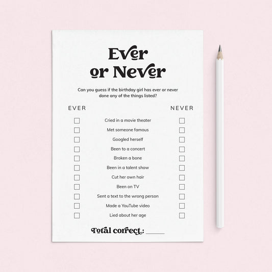 Printable Ever or Never Birthday Party Game for Birthday Girl by LittleSizzle