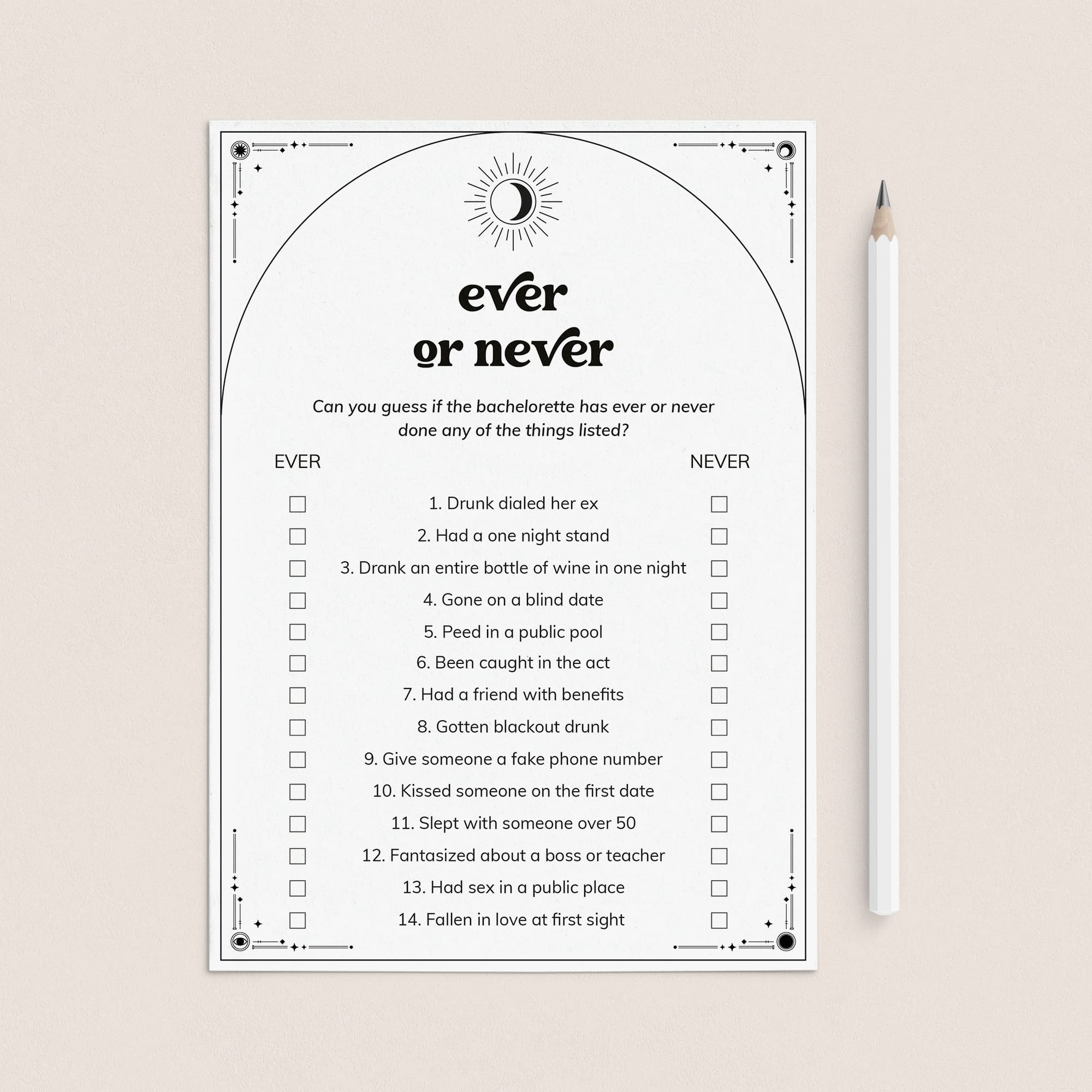 Boho Mystic Hens Night Game Ever or Never Printable by LittleSizzle