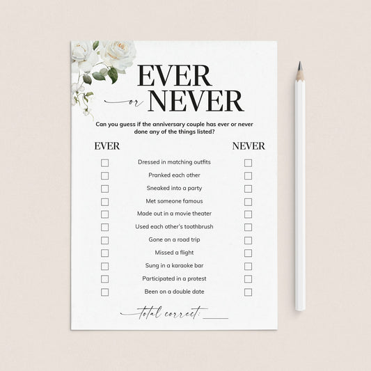 Printable Ever or Never Game for Anniversary Party by LittleSizzle