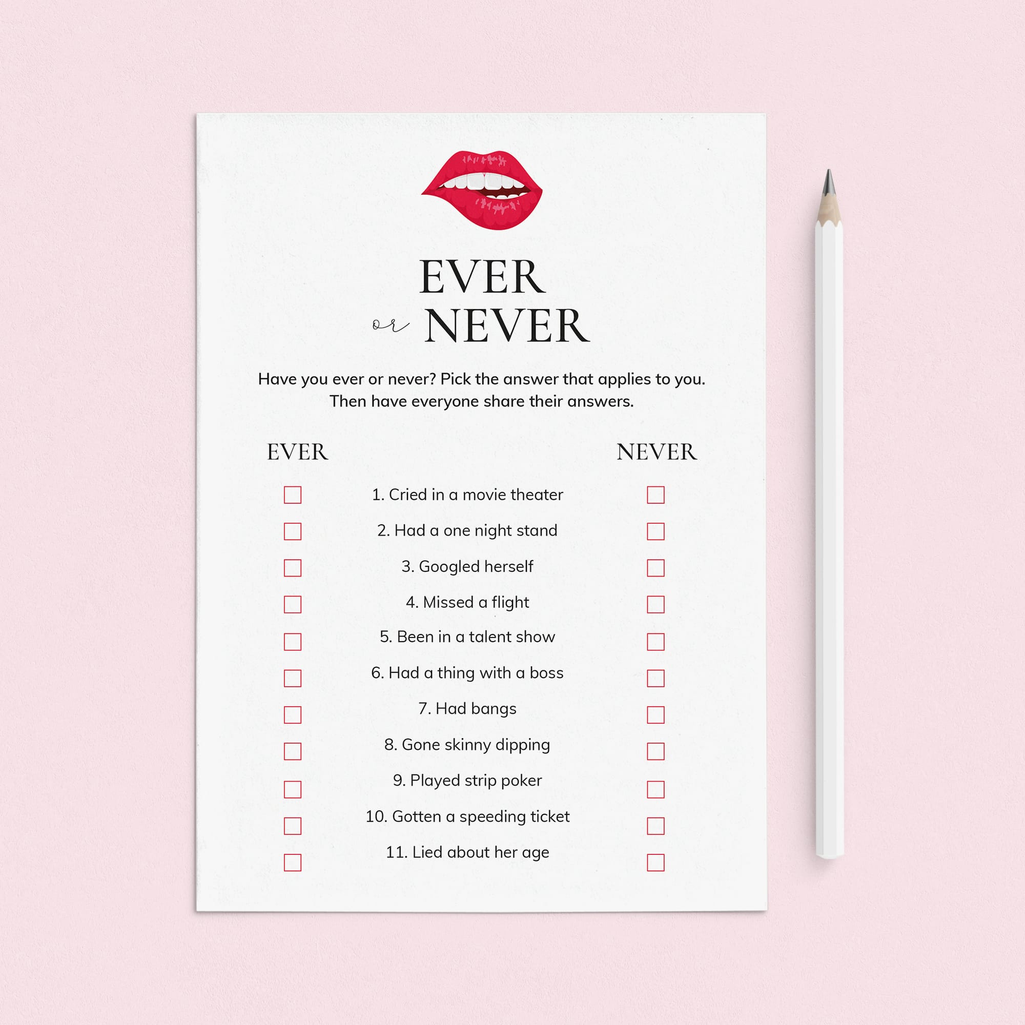 Adult Ladies Night Game Ever or Never Printable by LittleSizzle