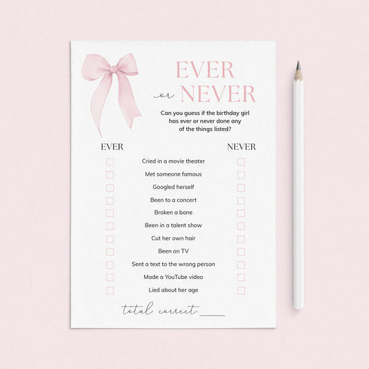 Teen Girl Birthday Party Game Ever or Never Printable by LittleSizzle