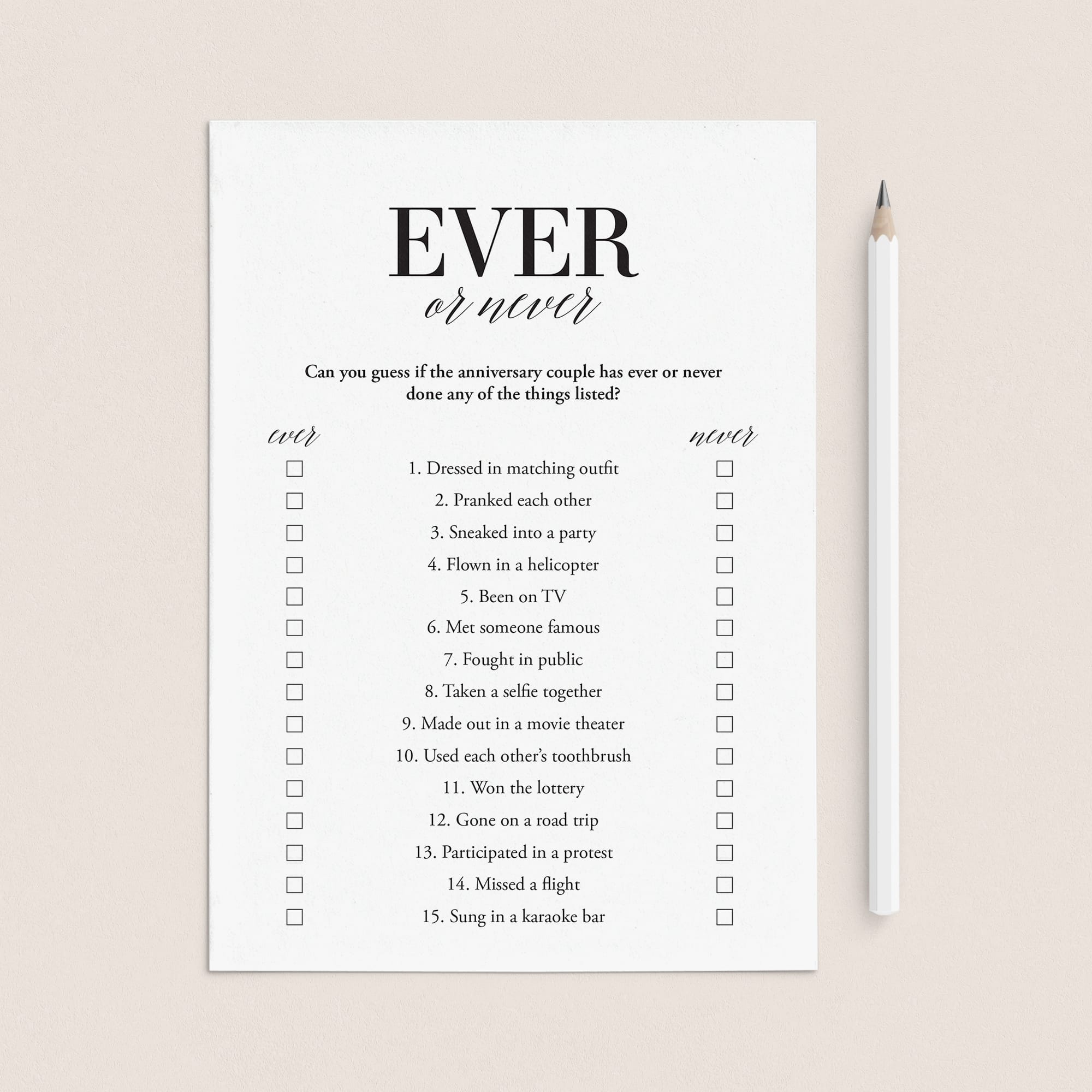 Wedding Anniversary Party Game Ever or Never Printable by LittleSizzle