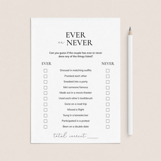 Couples Shower Ever or Never Game Printable by LittleSizzle