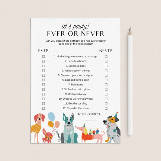Fun Dog Birthday Party Game Ever or Never Printable by LittleSizzle