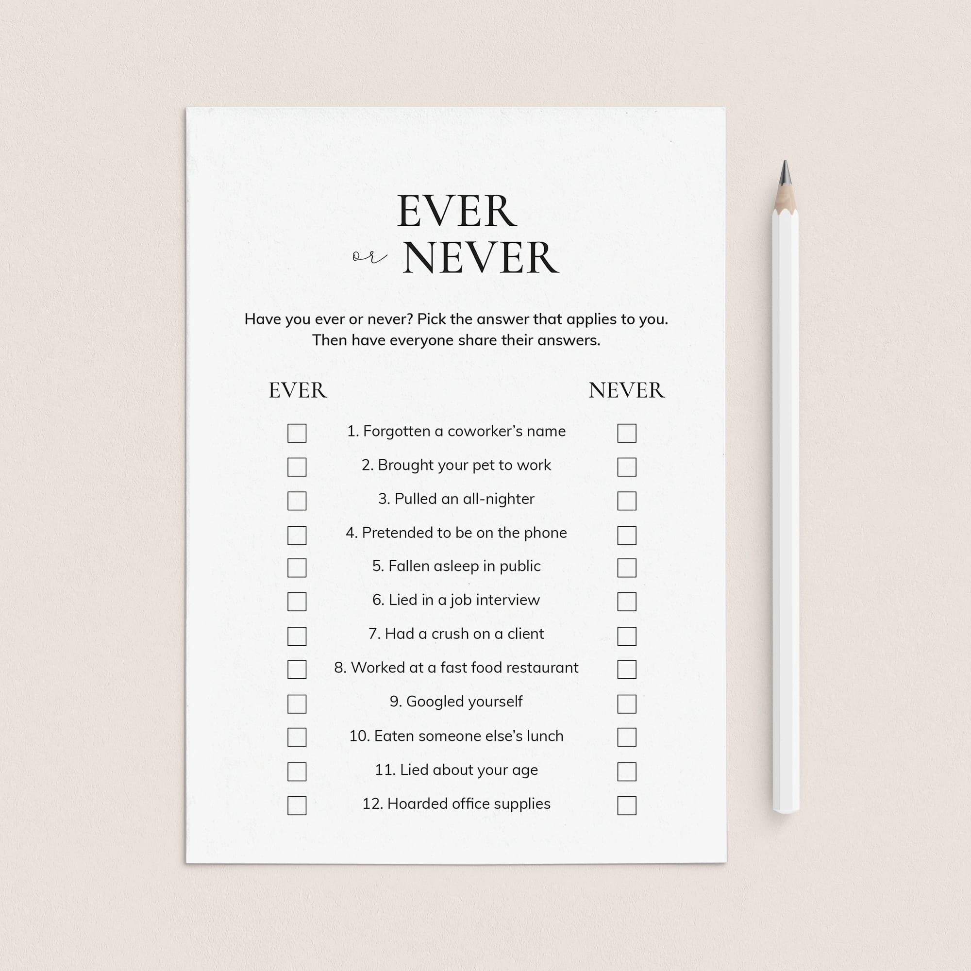 Ever or Never Office Edition | Printable Office Party Game Cards by LittleSizzle