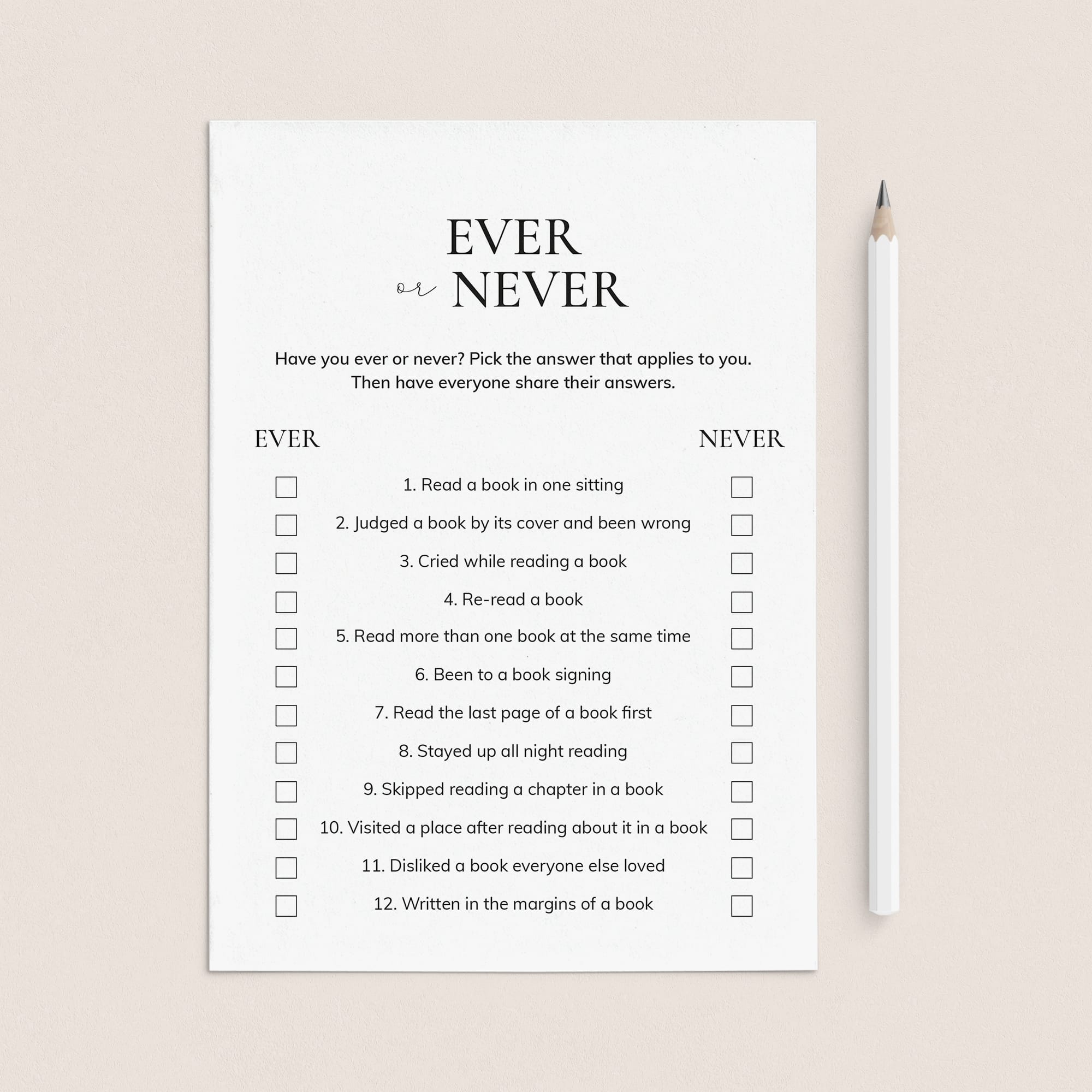 Book Club Party Game Ever or Never Printable by LittleSizzle