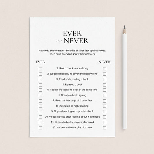 Book Club Party Game Ever or Never Printable by LittleSizzle