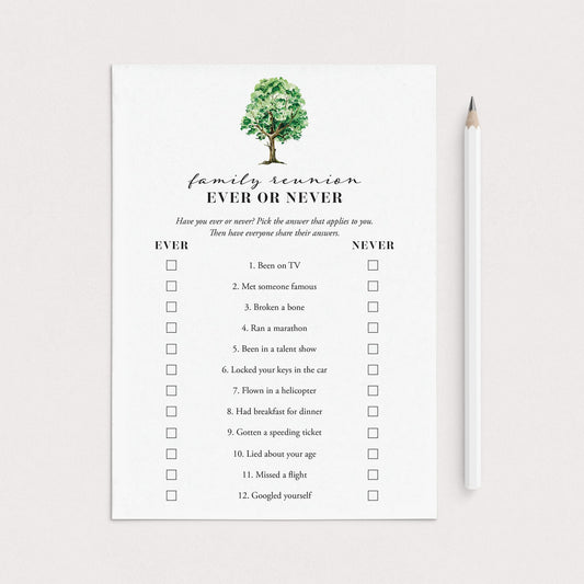 Printable Family Reunion Icebreaker Game Ever or Never by LittleSizzle
