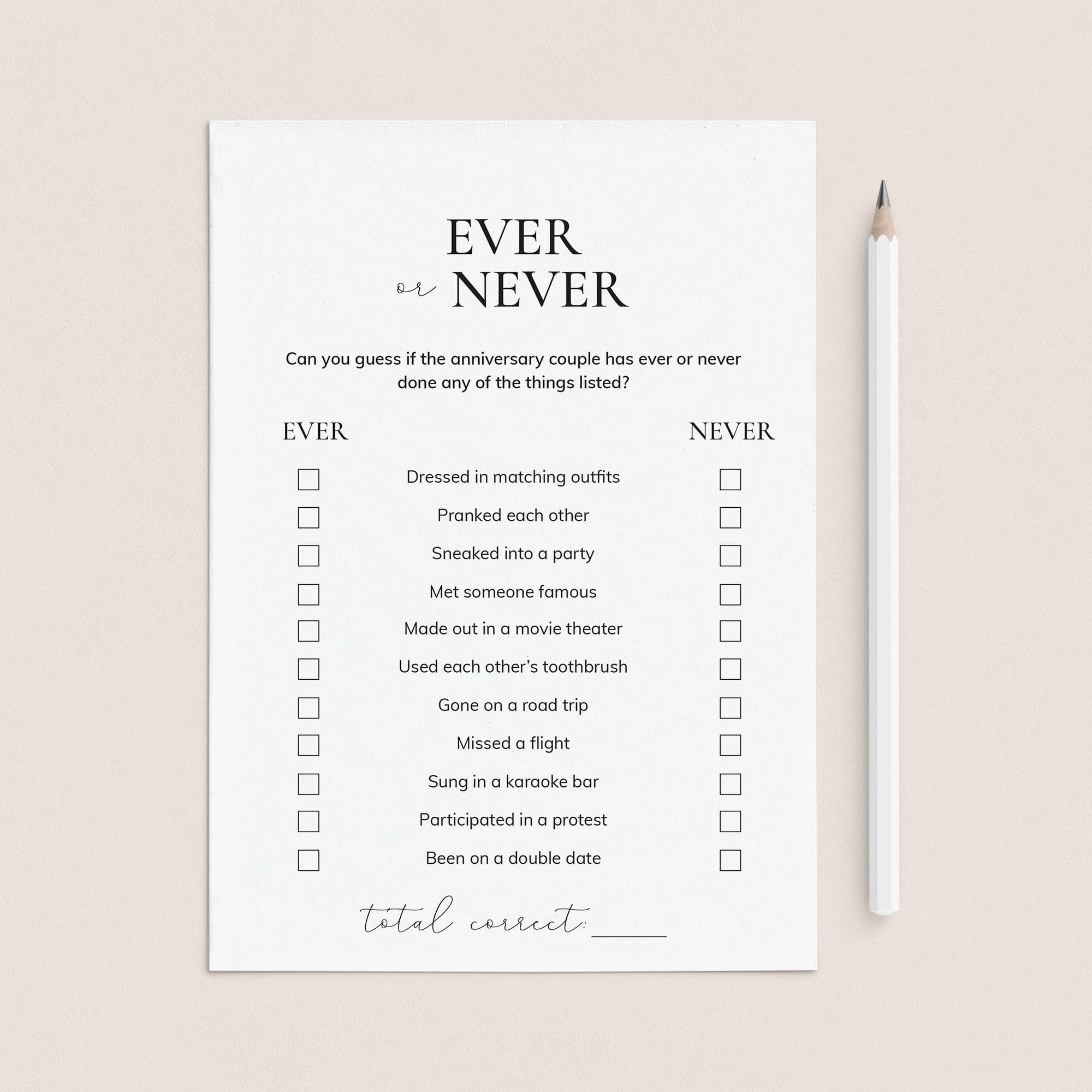Ever or Never Couple Game for Anniversary Party Printable by LittleSizzle