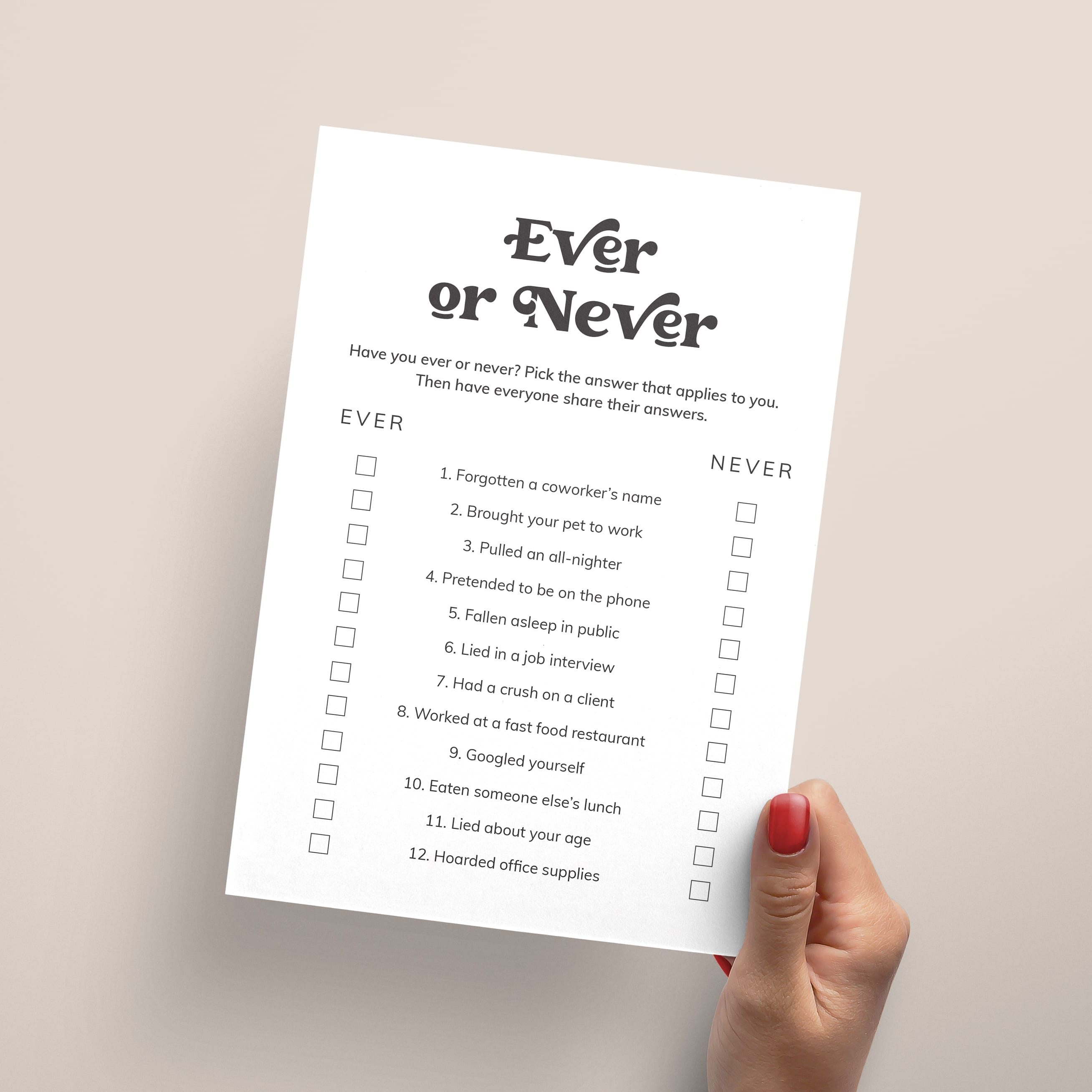 Printable Never Have I Ever Office Edition Questions Ever or Never Printable Never Have I Ever Office Edition Questions Ever or Never